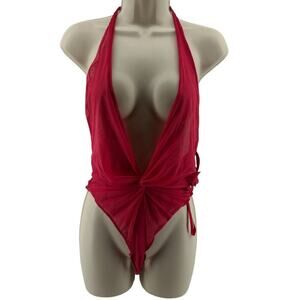 Vintage Victoria Secret Semi Sheer Red Deep Plug Bodysuit Womens Size Medium